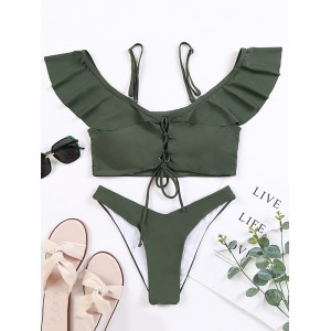 Solid Color Off-The-Shoulder Flared Sleeves Split Bikini Swimsuit