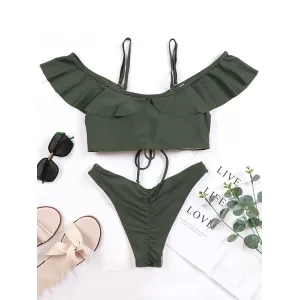 Solid Color Off-The-Shoulder Flared Sleeves Split Bikini Swimsuit