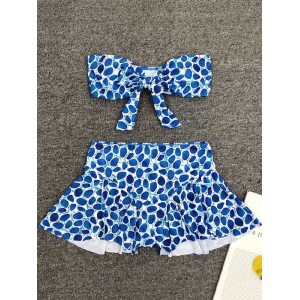 Split Tankini Swimsuit Floral-Print Knotted Bandeau+Falbala Swimming Pants