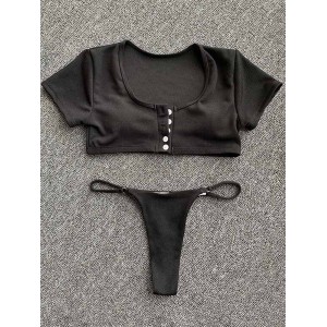 Solid Color Striped Short Sleeve Button Split Tankini Swimsuit