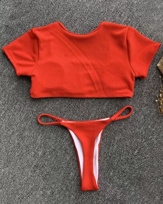 Solid Color Striped Short Sleeve Button Split Tankini Swimsuit Solid Color Striped Short Sleeve Button Split Tankini Swimsuit