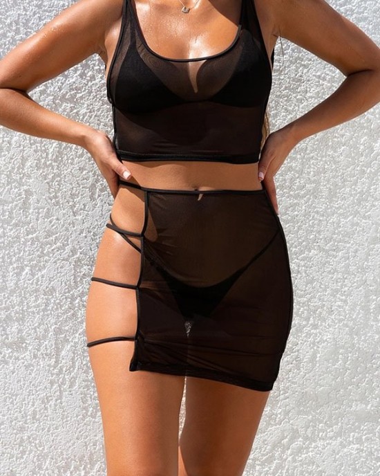 Solid Color Split Bikini Swimsuit+See-Through Split Cover-Ups Four Piece Set Solid Color Split Bikini Swimsuit+See-Through Split Cover-Ups Four Piece Set