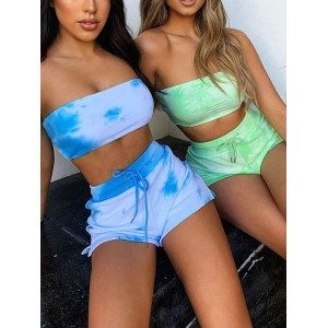 Sporty Tie-Dyed Gradient Bandeau Split Tankini Swimsuit