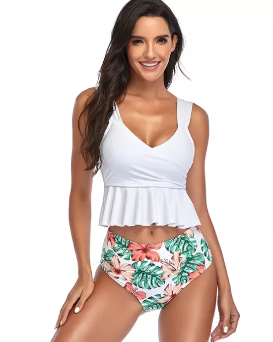 Ruffled Floral Printed High-Waisted Bikini Swimsuit