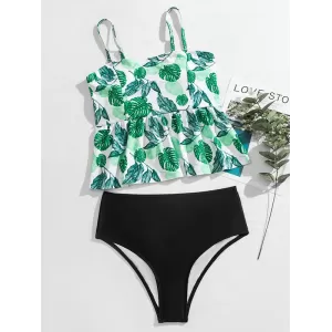 Spaghetti-Neck Monstera Ceriman High-Waisted Split Tankini Swimsuit