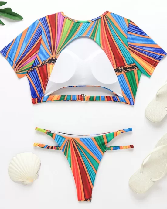 Short Sleeve Contrast Color Hollow Tankini Swimwear Short Sleeve Contrast Color Hollow Tankini Swimwear