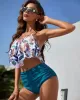 Spaghetti-Neck Floral Split-Joint Falbala High-Waisted Tankini Swimwear