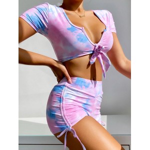 Tie-Dyed Short Sleeve Bandage High-Waisted Drawstring Briefs Tankini Swimwear