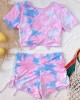 Tie-Dyed Short Sleeve Bandage High-Waisted Drawstring Briefs Tankini Swimwear