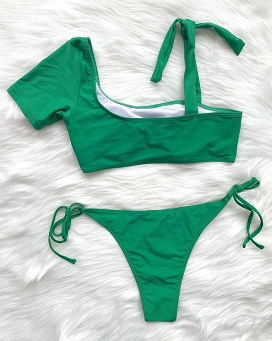 Asymmetric Sleeve Solid Color Padded Bralette Brazilian Stylish Bikini Swimwear Asymmetric Sleeve Solid Color Padded Bralette Brazilian Stylish Bikini Swimwear