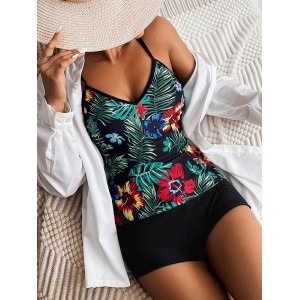 Floral Printed Adjustable Spaghetti-Neck Tankini Swimsuit