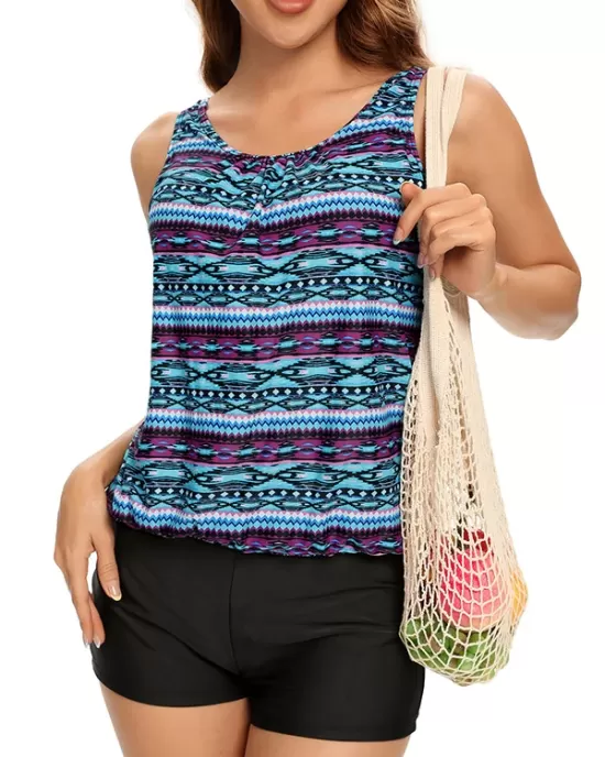 Ethnic Printed Adjustable Spaghetti-Neck Tankini Swimsuit