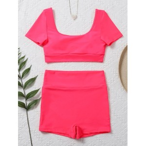 Solid Color Short-Sleeves High-Waisted Tankini Swimwear