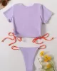 Plain Short Sleeve Split-Joint Drawstring Tankini Swimwear