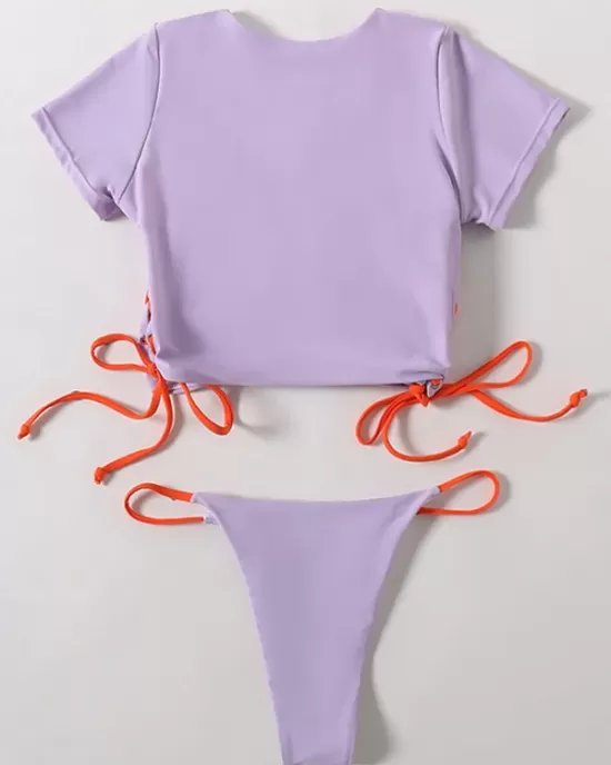 Plain Short Sleeve Split-Joint Drawstring Tankini Swimwear