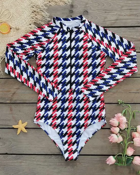 Plaid Zipper Long-Sleeves One-Piece Wetsuit