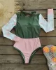 Floral Long Sleeve Split-Joint Contrast Color Backless One-Piece Wetsuit