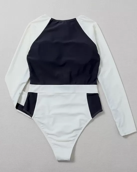 Rash Guards Color-Block Long Sleeve Zipper One-Piece Swimwear Rash Guards Color-Block Long Sleeve Zipper One-Piece Swimwear