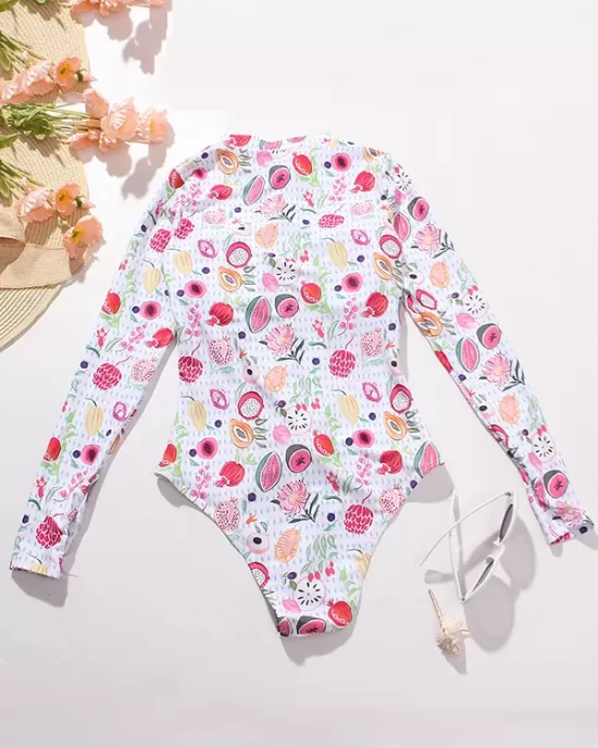 Long Sleeve Printed Zipper One-Piece Wetsuit Swimwear