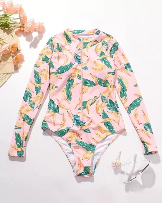 Long Sleeve Printed Zipper One-Piece Wetsuit Swimwear