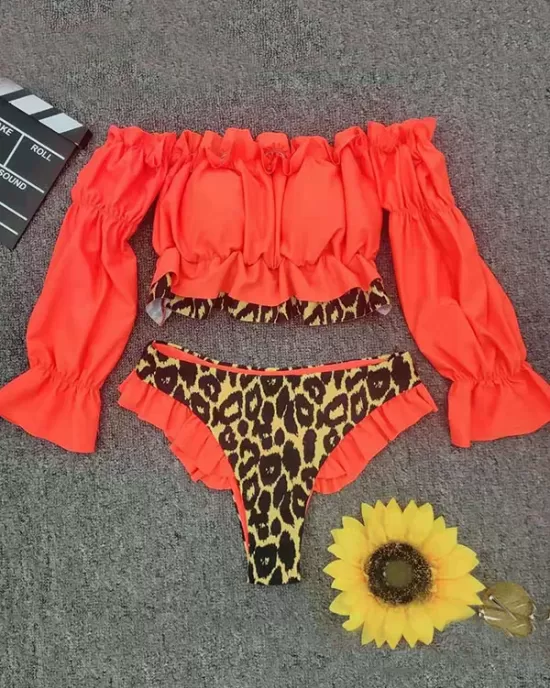 Off-The-Shoulder Pleated Split-Joint Leopard Print Brazilian Wetsuit Off-The-Shoulder Pleated Split-Joint Leopard Print Brazilian Wetsuit