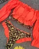 Off-The-Shoulder Pleated Split-Joint Leopard Print Brazilian Wetsuit