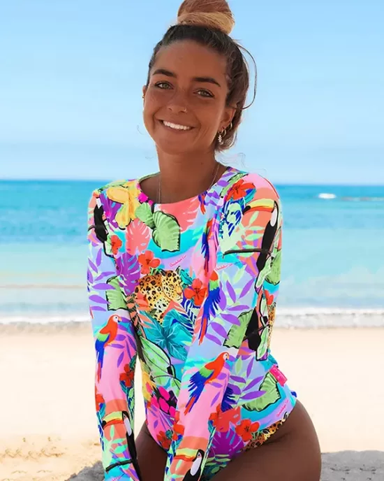 Tropical Print Long Sleeve Padded Backless Sexy One-Piece Wetsuit Swimwear Tropical Print Long Sleeve Padded Backless Sexy One-Piece Wetsuit Swimwear
