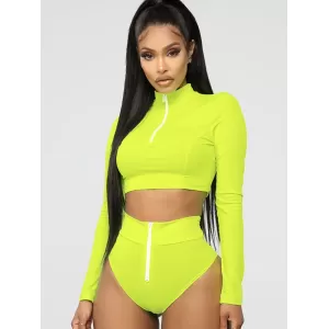 Rash Guard Tulle Long Sleeves High-Waisted Zipper Bikini Wetsuit Swimwear