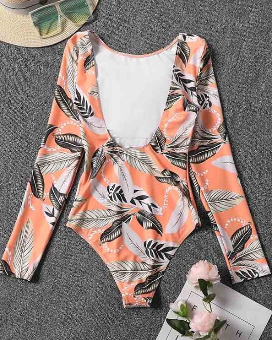 Long Sleeve Floral Print Backless Wetsuit Swimwear Long Sleeve Floral Print Backless Wetsuit Swimwear