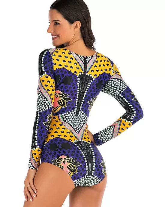 Ethnic Print Long Sleeves Split Wetsuit