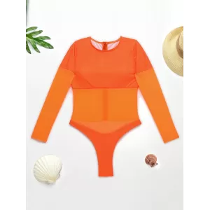 Solid Color See-Through Gauze Split-Joint Long Sleeve One-Piece Wetsuit