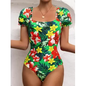 Square-Neck Puff Sleeves Floral Sexy Slim Fashin One-Piece Wetsuit Swimwear