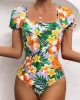 Square-Neck Puff Sleeves Floral Sexy Slim Fashin One-Piece Wetsuit Swimwear