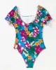 Square-Neck Puff Sleeves Floral Sexy Slim Fashin One-Piece Wetsuit Swimwear