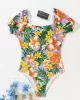 Square-Neck Puff Sleeves Floral Sexy Slim Fashin One-Piece Wetsuit Swimwear