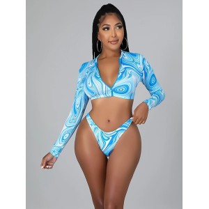 Beach Zipper Printed Long Sleeves Bikini Swimsuit