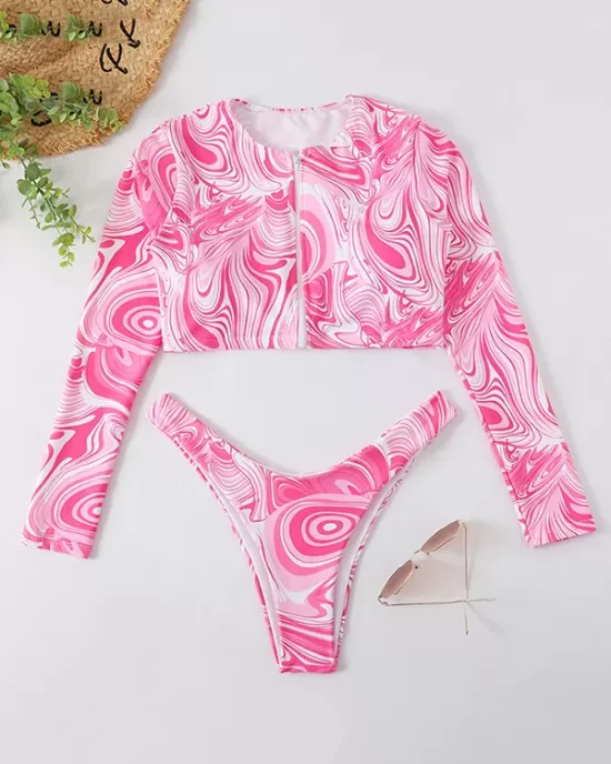 Beach Zipper Printed Long Sleeves Bikini Swimsuit