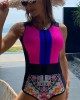 Printed Zipper Sleeveless Contrast Color Swimsuits