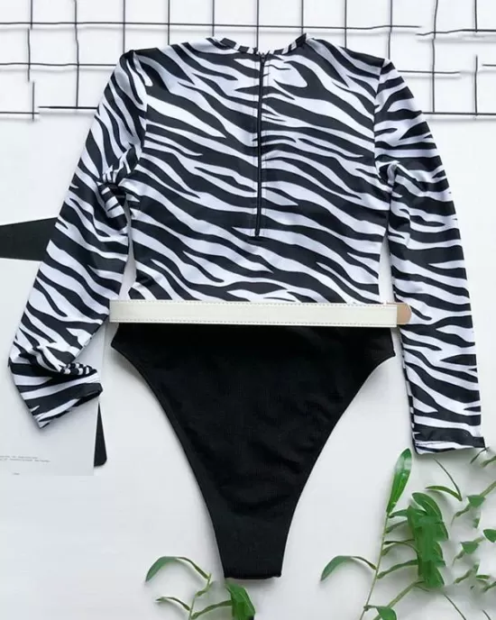 Zebra Print Split-Joint Belted Wetsuit Zebra Print Split-Joint Belted Wetsuit
