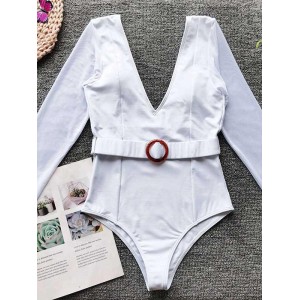 Solid Color Long Sleeve Split-Joint Belted One-Piece Wetsuit