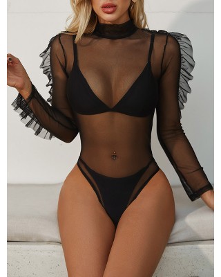 Black Triangles Split Bikini Swimsuit +See-Through Puff Sleeves High-Neck Wetsuit
