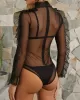 Black Triangles Split Bikini Swimsuit +See-Through Puff Sleeves High-Neck Wetsuit