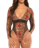 Ethnic Printed Split-Joint See-Through V-Neck One-Piece Wetsuit