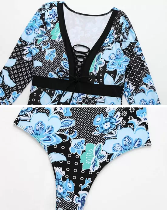 Floral-Print Split-Joint Long Sleeve One-Piece Wetsuit