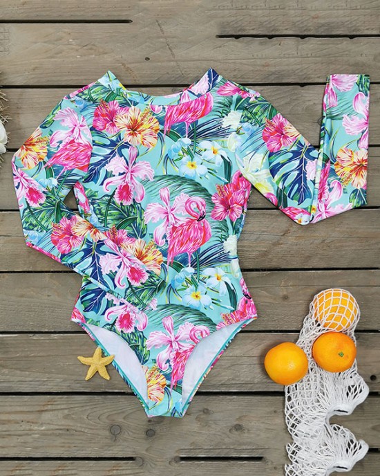 Long Sleeve Floral-Print Backless Wetsuit Long Sleeve Floral-Print Backless Wetsuit