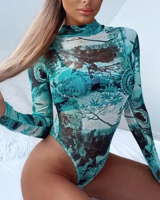 Long Sleeve Mesh Floral-Print Backless One-Piece Swimwear Long Sleeve Mesh Floral-Print Backless One-Piece Swimwear