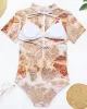 Short Sleeve Floral Mesh Three Pieces Bikini Swimwear