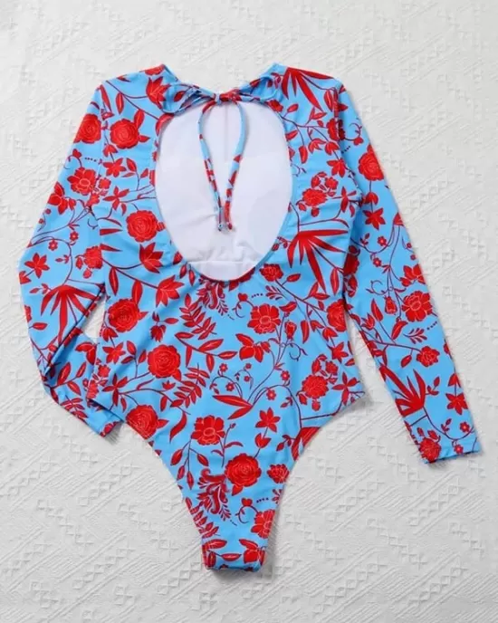 One-Piece Long Sleeve Floral Backless Round-Neck Wetsuit