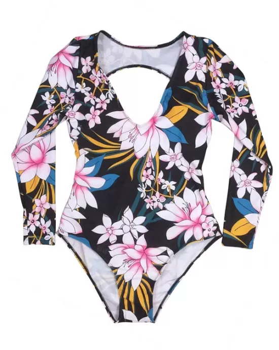 One-Piece Long Sleeve Deep V-Neck Floral Printed Backless Wetsuit