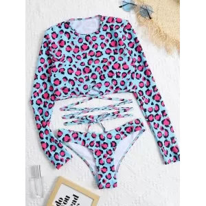 Sexy Leopard Bandage Padded Hipster Long Sleeve Wetsuit Swimwear